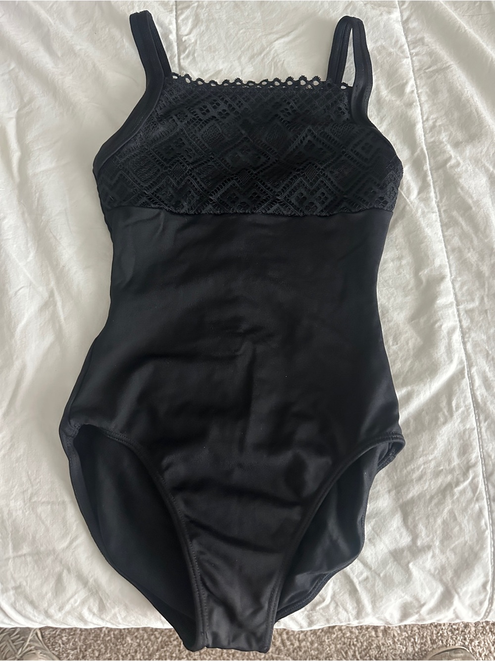 Girls Black Lace-Trim One-Piece Leotard
